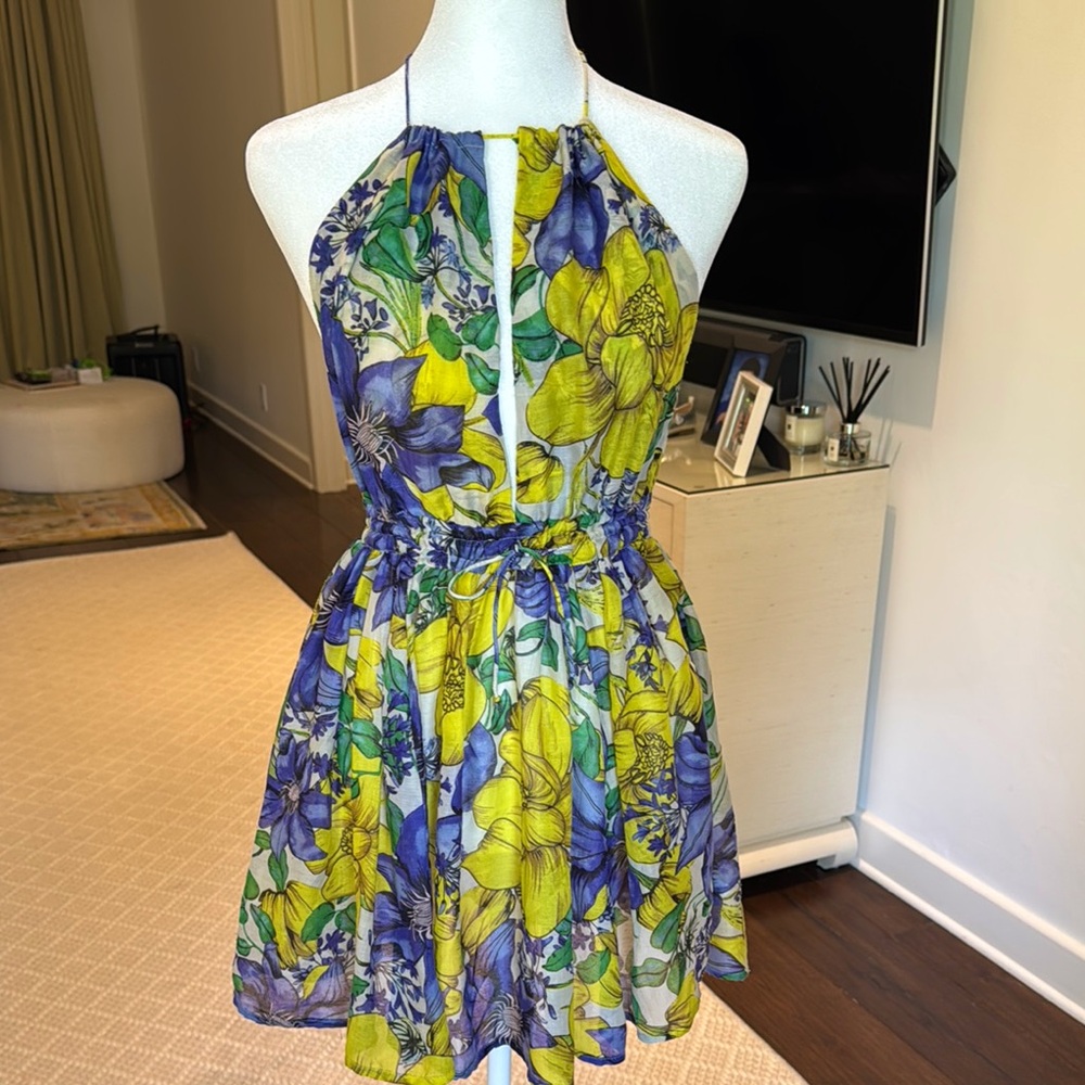 ASOS - Floral Halter Backless Dress - Blue and Yellow - Size: US 4